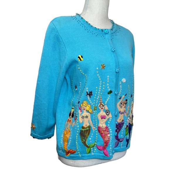 Vintage Jack B. Quick blue mermaid sequin beaded embroidery sweater cardigan M - Picture 8 of 16